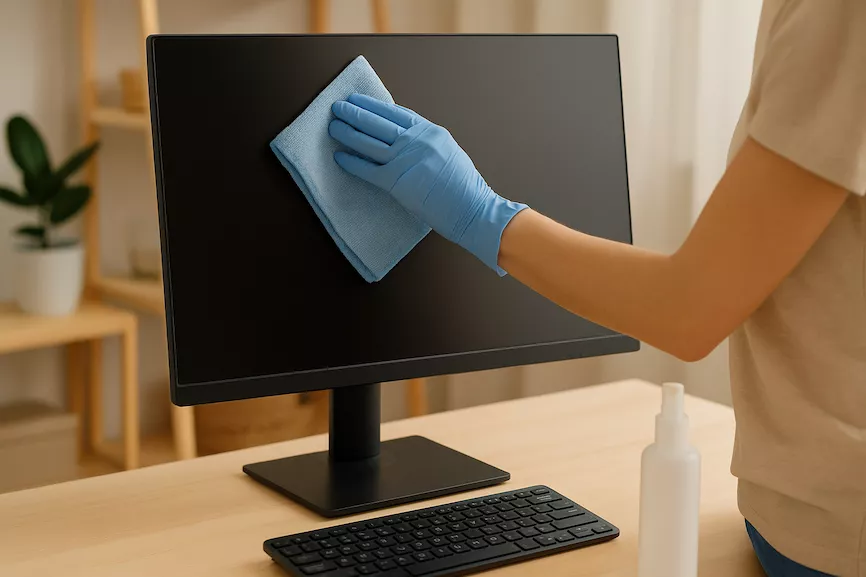 Rengöring av elektronik och skärmar – mikrofiberduk som torkar datorskärm försiktigt